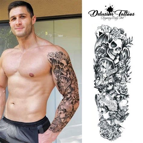 Full Arm Sleeve Realistic Temporary Tattoo Life Is A Game Design With Skull Roses Clock Fake