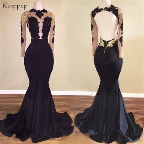 Long Prom Dresses Mermaid Long Sleeve Sheer Top Lace African Backless Floor Length Black