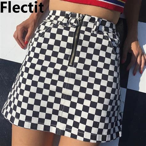 Flectit Street Style Black And White Checkered Skirt Women Above Knee O Ring Zipper Front Plaid