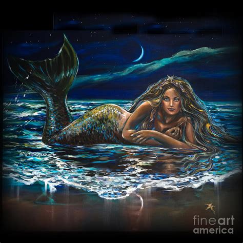 Under A Crescent Moon Mermaid Pillow Painting By Linda Olsen Fine Art