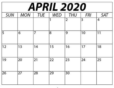 Printable April Calendar 2020 Template Printable Calendar Free