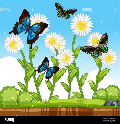 Many Butterflies With Many Flowers In The Garden Scene Stock Vector