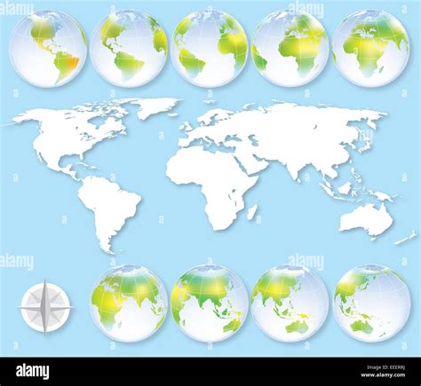 Set Of Nine Globes With Earth Map Showing All Continents Stock Photo