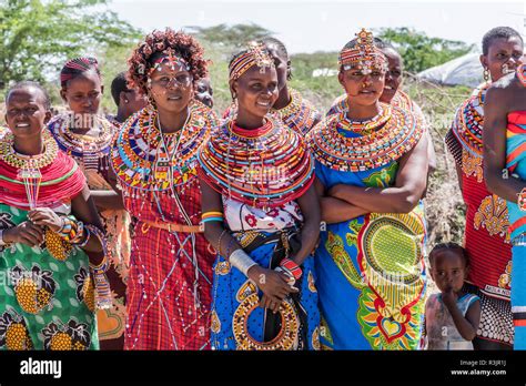 Africa Kenya Samburu National Reserve Tribal Women In Traditional Clothing And Ornamentation