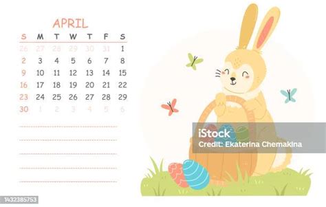 April Childrens Calendar For 2023 With An Illustration Of A Cute Rabbit
