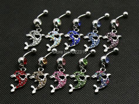 Multi Crystal Dolphin Dangle Belly Ring 10pcs Mix Color Surgical Steel 14g Bell Button Ring Body