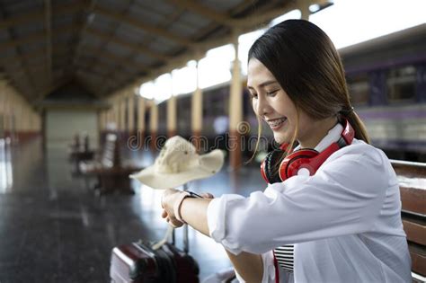 Smiling Woman Traveler Waiting For Train At Train Station Stock Image Image Of Casual Lady