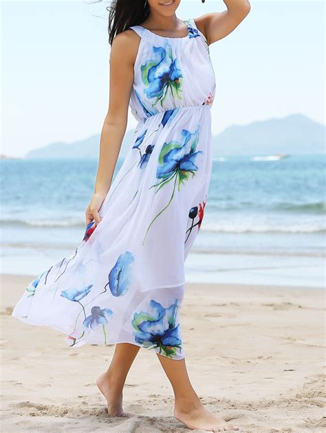 Flowing Floral Pattern High Waist Dress White M In Chiffon Dresses