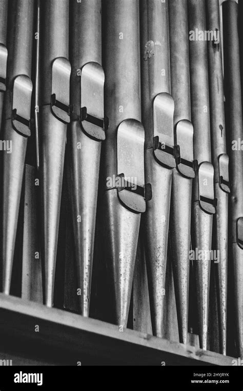 Vertical Grayscale Closeup Of The Organ Pipes Stock Photo Alamy