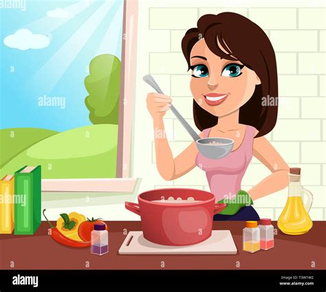 Beautiful Woman Cooking In Her Kitchen Cute Lady Cartoon Character