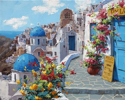 Spring In Santorini Aegean Mediterranean Painting In Oil For Sale