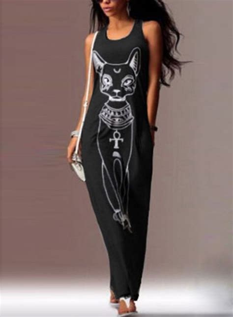 Women S Summer Casual Cat Printed Sleeveless Round Neck Maxi Dress Maxi Dress Sleeveless Maxi