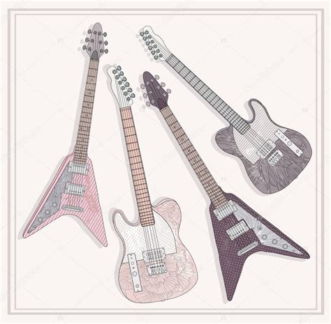 Electric And Bass Guitars Set Cute Guitars With Floral Pattern Stock