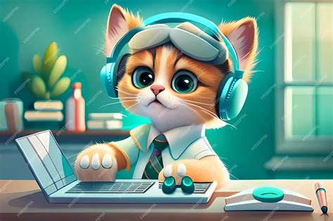 Premium Ai Image Funny Kitten Work Hard At Office With Computer