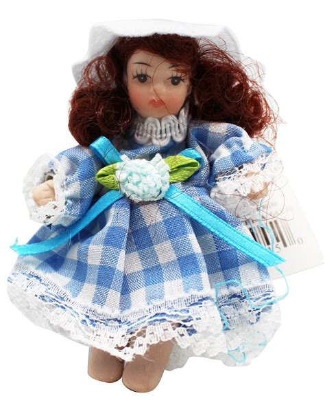 Miniature Porcelain Doll With Blue Dress And Brown Hair By Ganz