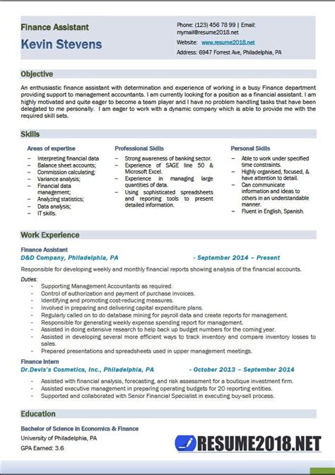 View hundreds of assistant finance manager resume examples to learn the best format, verbs, and fonts to use. Finance Assistant Resume Templates 2018 - 6 Samples in Word