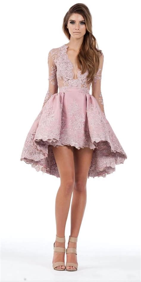 sexy v neck long sleeves short prom dresses for teens pink lace cocktail dresses homecoming