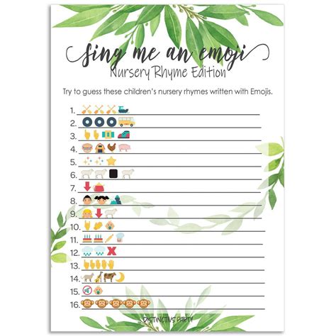 Nursery Rhyme Emoji Game Cards Greenery Baby Shower Theme 20 Count