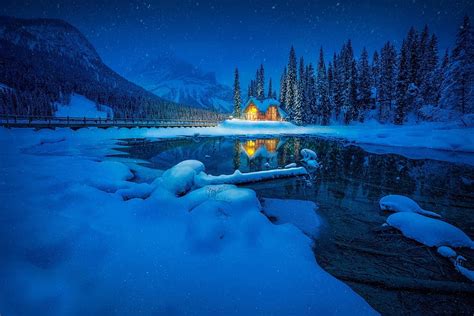 Yoho National Park British Columbia House Snow Ice Trees Night