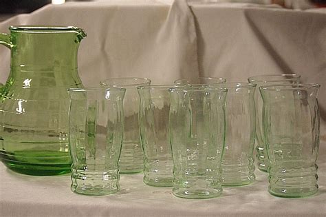VINTAGE GREEN DEPRESSION GLASS PITCHER AND 8 GLASSES Antique Price