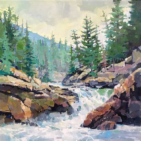 A Painting Of A River With Rocks And Trees