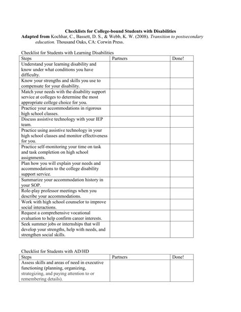 Checklists For College Bound Students With Disabilities Adapted