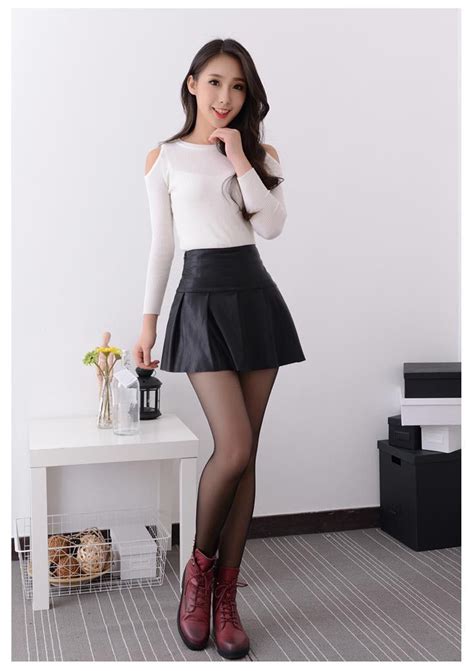 new 2016 korean fashion black red high quality pu leather skirt women vintage high waist pleated
