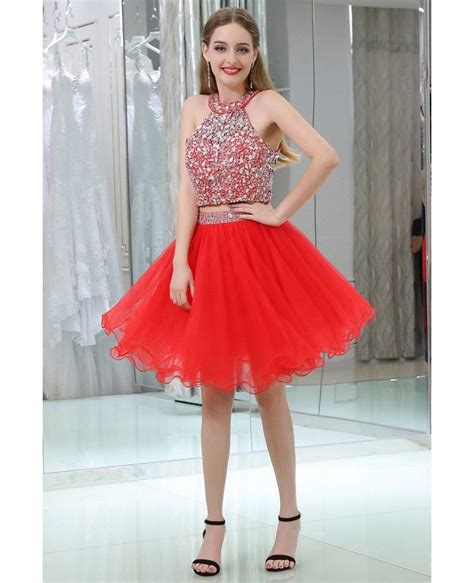 2 Piece Hot Red Sparkly Halter Prom Dress With Crystals B031