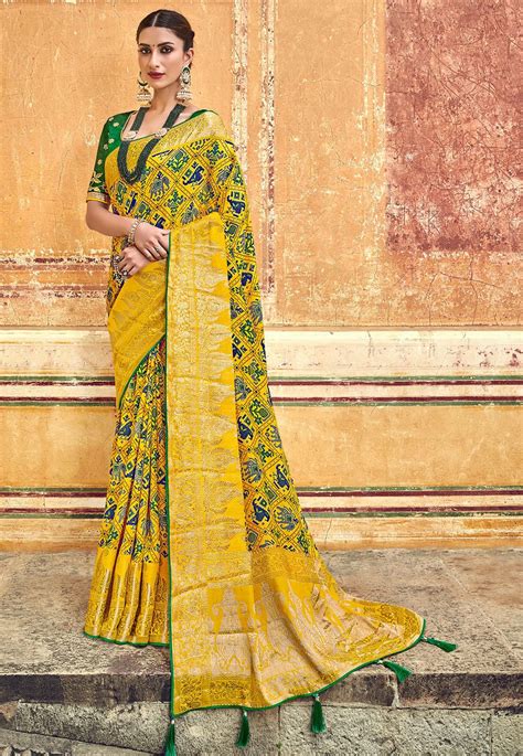 Patola Printed Art Silk Saree In Yellow Art Silk Sarees Silk Sarees