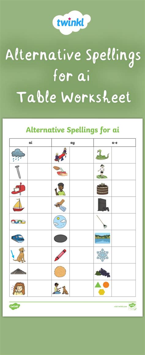 Primary Phonics Alternative Spellings For Ai Table Worksheet