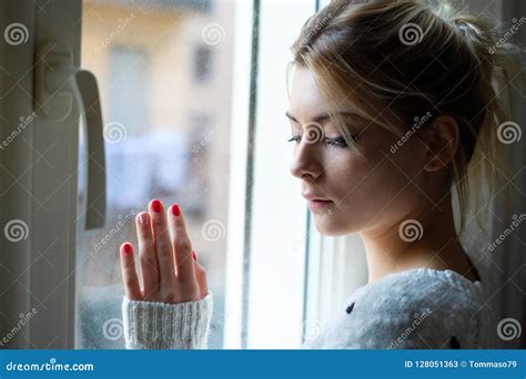 Thoughtful Beautiful Woman Looking Out Window Stock Image Image Of Beauty Caucasian 128051363