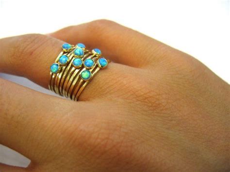 Handmade Hammered Stacking Together Gold Rings With Opals The Ocean