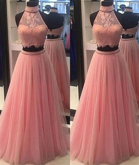 Hot Selling A Line Two Piece Lace Tulle Pink Long Promevening Dress On