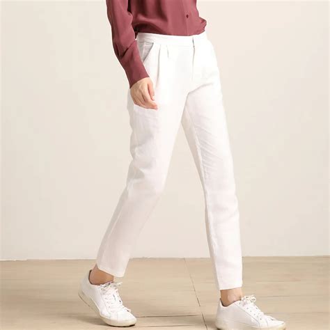 Silk Linen Autumn Ol Office Lady Ankle Length Pant White Casual Pencil