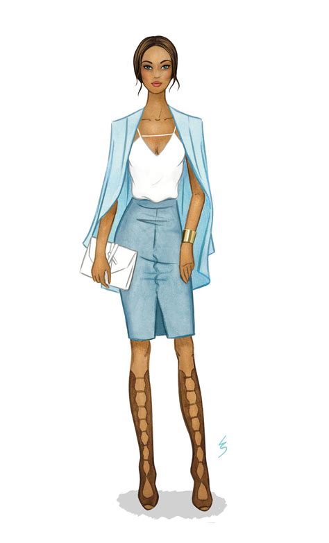 Fashion Illustration By Lydia Snowden Muted Blue Monochromatic Outfit With Gladiator Sandals