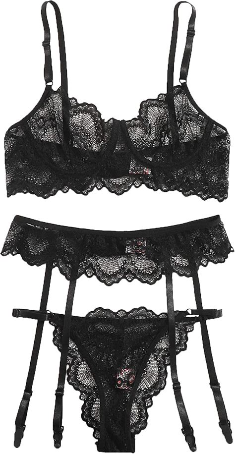 SheIn Women S 3 Piece Floral Lace Lingerie Set With Garter Belts Sexy