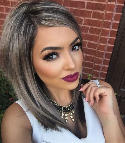 Brown Lob With Ash Bronde Balayage | Brown hair with silver highlights