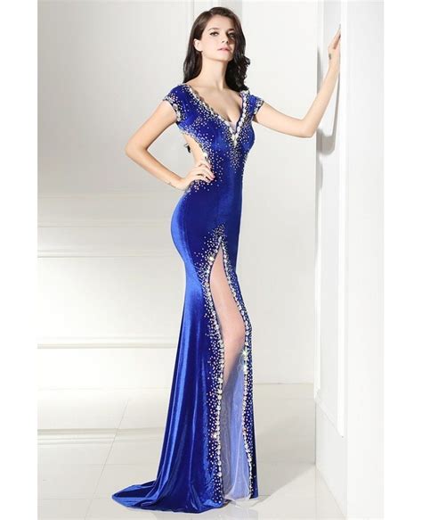 Sexy Mermaid Beaded Royal Blue Slit Backless Prom Dress Lg0292