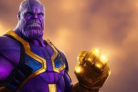 Thanos Wearing Blue And Gold Armor Grimacing While Stable Diffusion