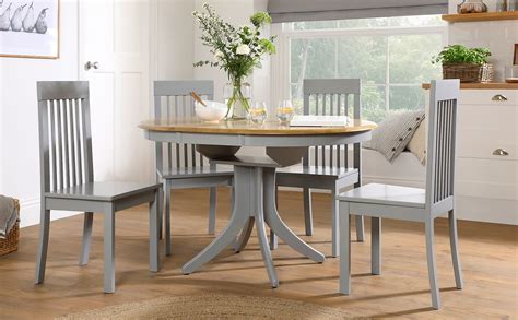 Hudson Round Painted Grey And Oak Extending Dining Table With Oxford Grey Chairs Furniture