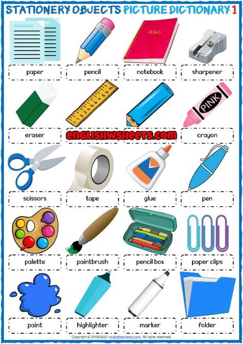 Stationery Objects Esl Printable Picture Dictionary Worksheets