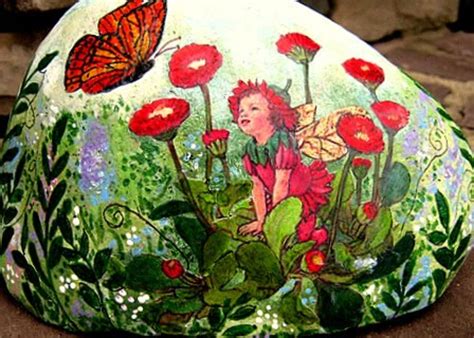 Hand Painting Garden Rocks Flowers And Fairies Feltmagnet