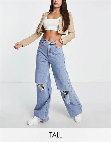 Missguided Tall Knee Rip Wide Leg Jean In Blue Mblue Asos