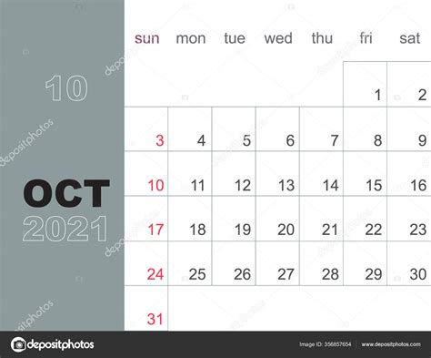 Octubre 2021 Plantilla Diseño Planificador Calendario Semana Comienza Domingo Diseño — Vector De