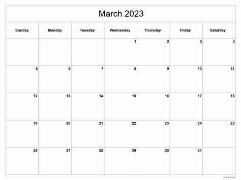 March 2023 Calendar Template Printable Calendar 2023
