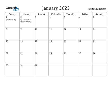 January 2023 Calendar With United Kingdom Holidays