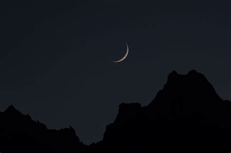 Sky Mountains Night Moon Dark Full Moon Crescent Hd Wallpaper