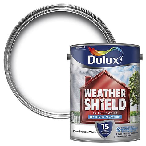 Suitable for use on primed new or previously painted interior walls and ceilings, should be used where a matt finish is required to hide minor imperfections. Dulux Weathershield Pure brilliant white Masonry paint, 5L ...