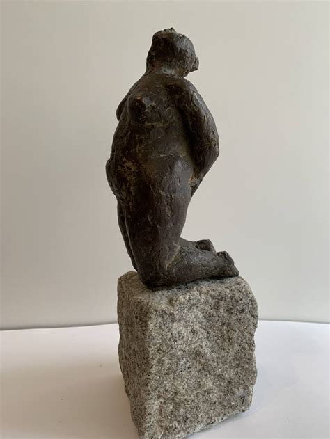 Kneeling Nude Hands On The Buttock Bronze On Stone Sculpture By Helga