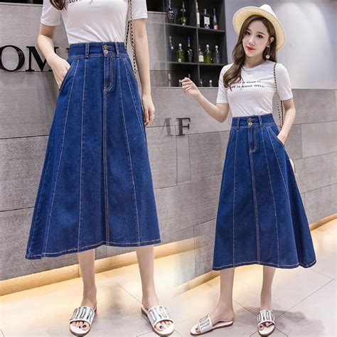 2019 New Korean Preppy Style Women High Waist Pockets Denim Long Skirt
